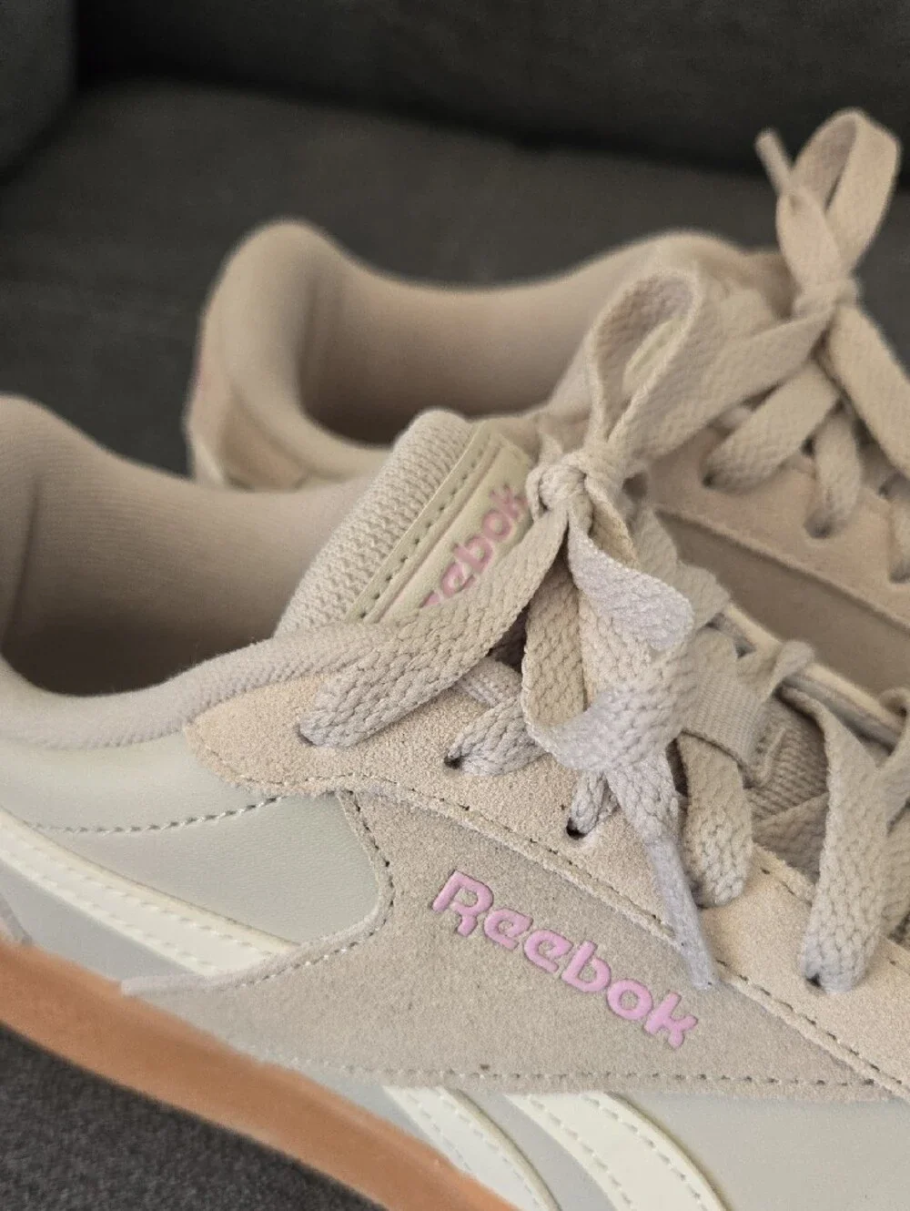 Reebok Gray Sneakers with Gum Sole and Pink Logo